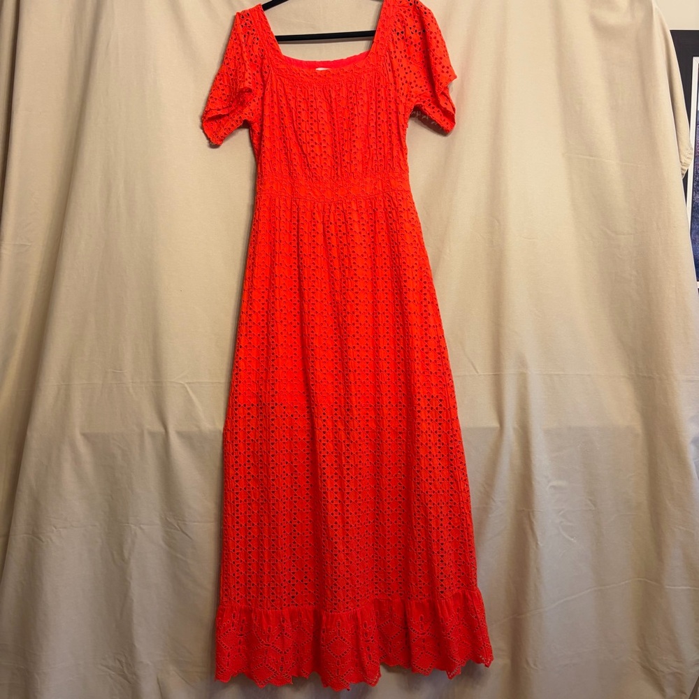 Chrysanthemum L Red Eyelet Ruffled Maxi Dress 100% Cotton